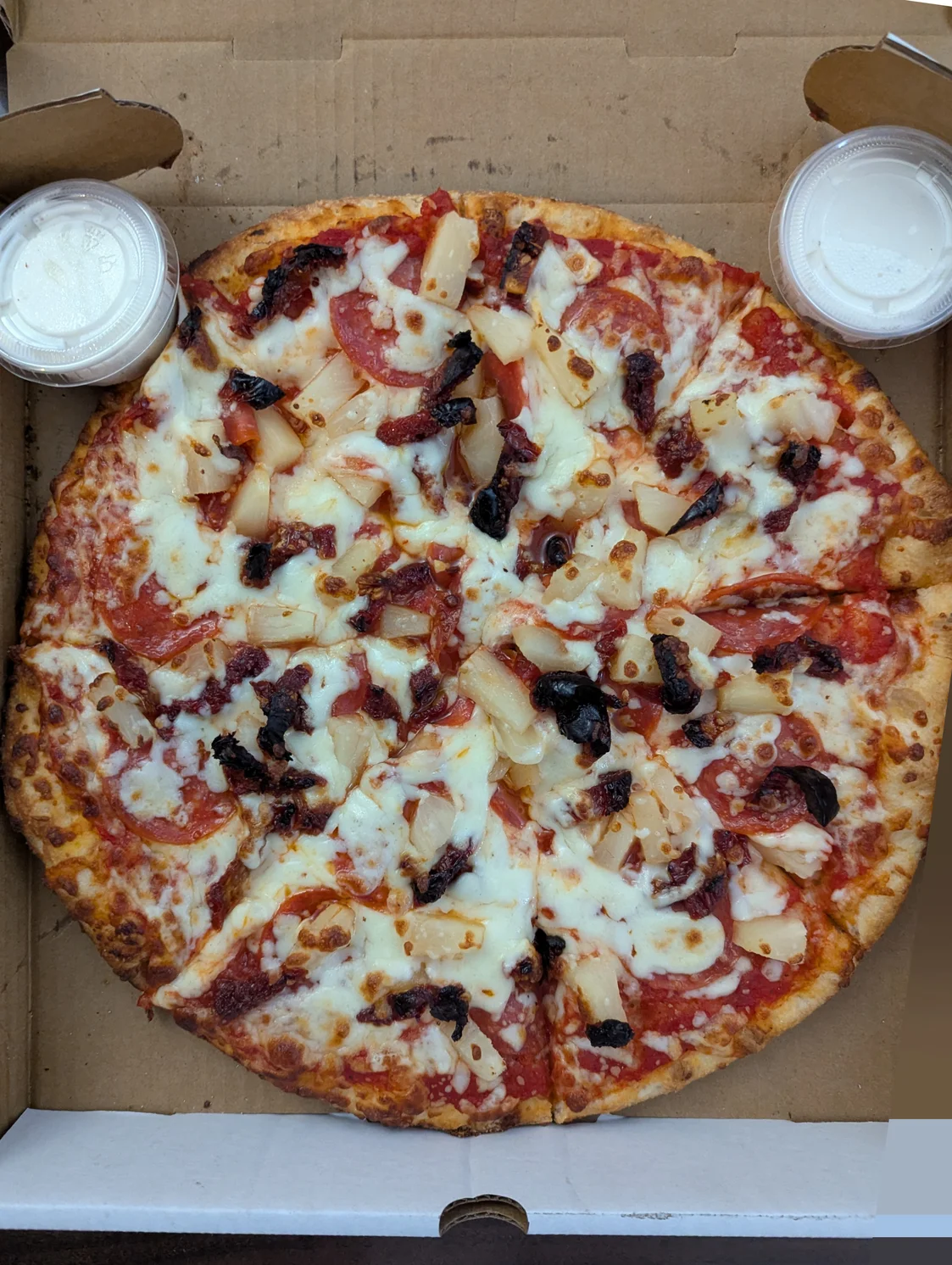 Top down image of the pizza with pineapple