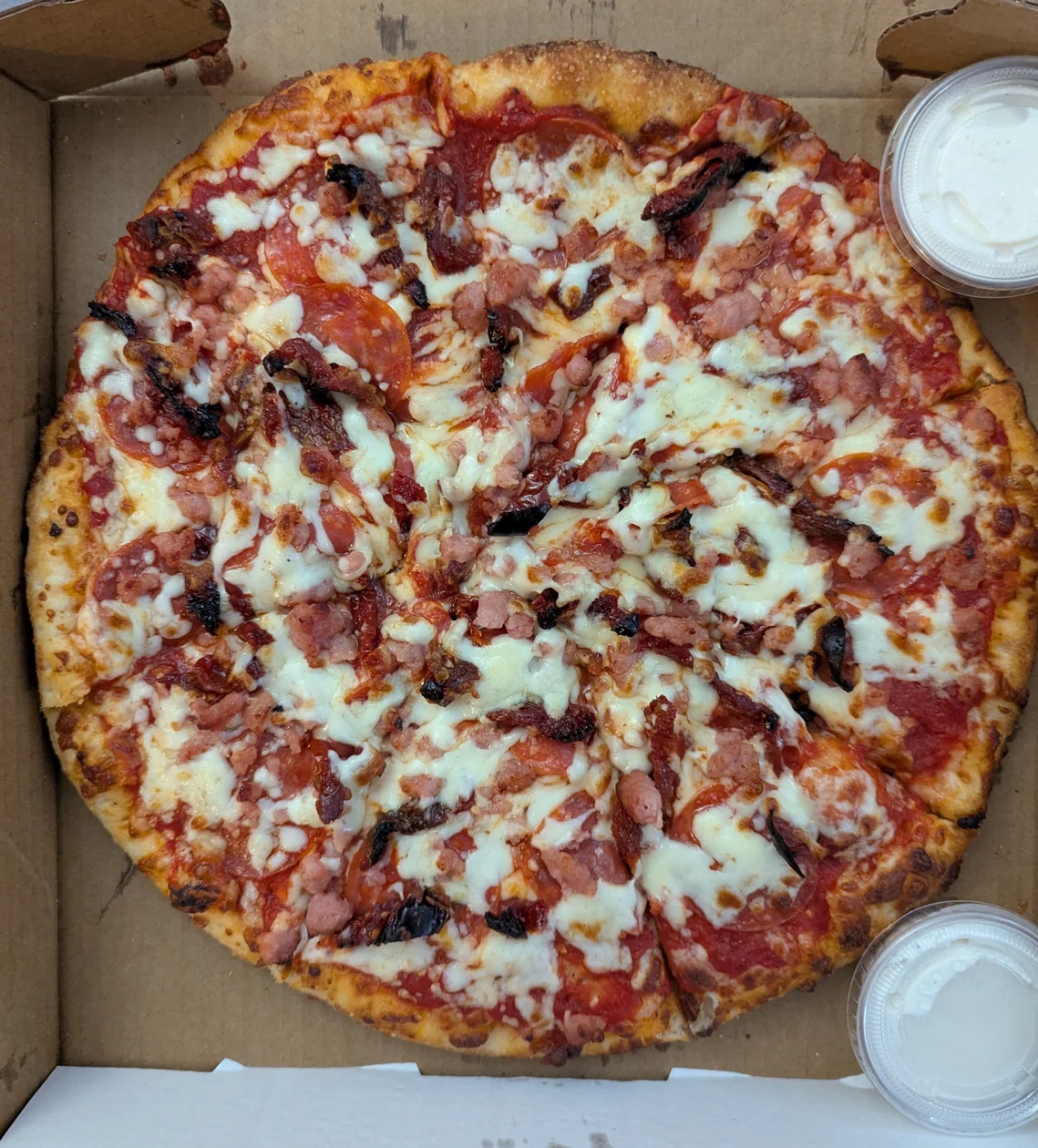 Top down image of the pizza with bacon